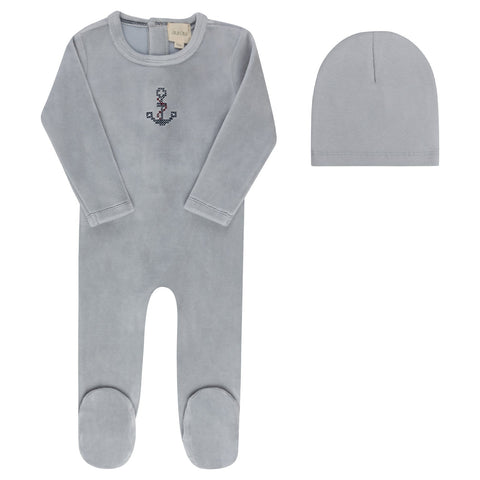 Aurora Cross Stitch Footie + Beanie - Blue