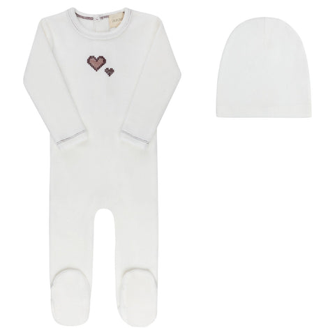 Aurora Cross Stitch Footie + Beanie - Ivory Girl