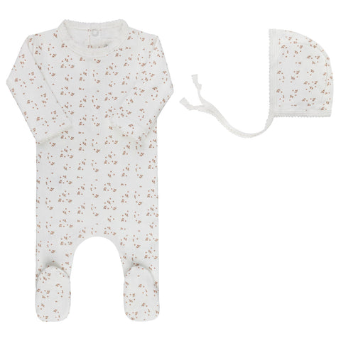 Aurora Floral Leaf Footie + Bonnet - Ivory Girl
