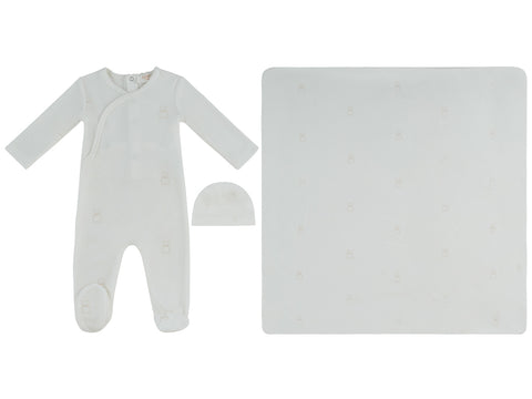 Kipp Baby Petit Ours Pattern Footie, Hat & Blanket Set - Stone