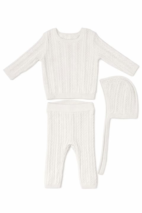 Pointelle Knit Set with Hat - White