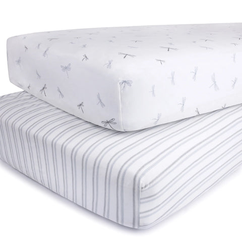 Ely's & Co. 2pk Crib Sheets - Blue Dragonfly & Stripes