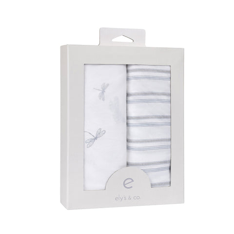 Ely's & Co. 2pk Bassinet Sheets - Blue Dragonfly & Stripes