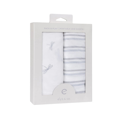 Ely's & Co. 2pk Pack n Play Sheets - Blue Dragonfly & Stripes