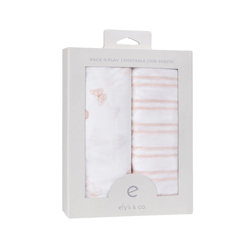 Ely's & Co. 2pk Pack n Play Sheets - Pink Butterfly & Stipes