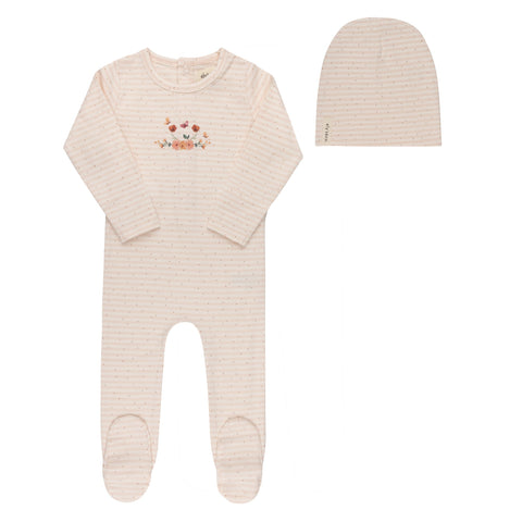 Ely's & Co. Floral Stripe Footie and Beanie - Ivory Pink