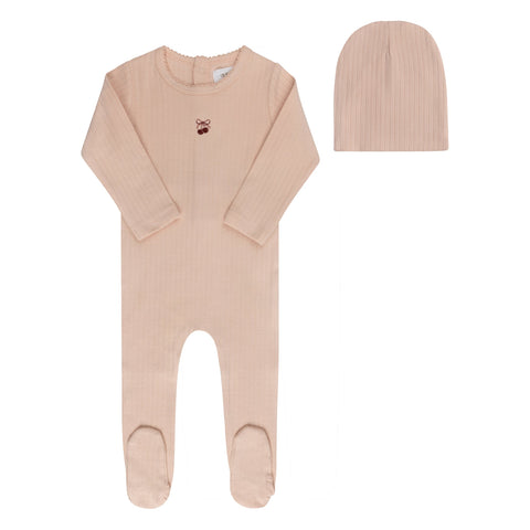 Aurora Bow Print Footie and Beanie Pink Red