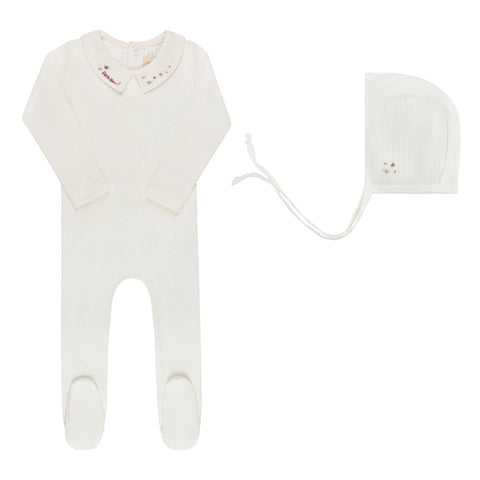 Ely's & Co Floral Star Embroidered Collar Footie + Bonnet - Ivory Pink