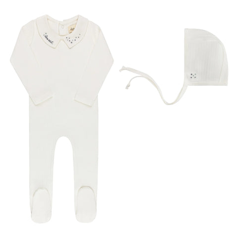 Ely's & Co Floral Star Embroidered Collar Footie + Bonnet - Ivory Blue
