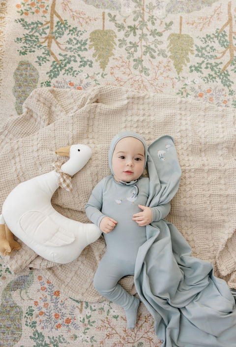 Ely's & Co. Cross Stitch Duckling Footie and Bonnet - Blue lifestyle 2