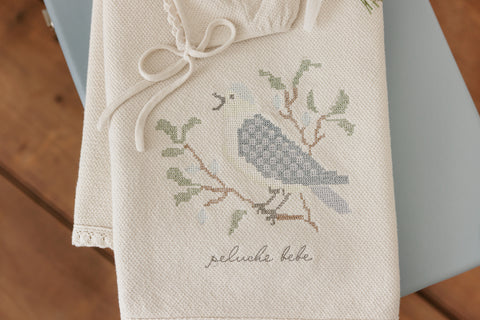 Peluche Knit Cross Stitch Blanket+Bonnet - Stone,Blue