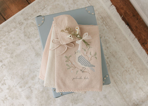 Peluche Knit Cross Stitch Blanket+Bonnet - Taupe