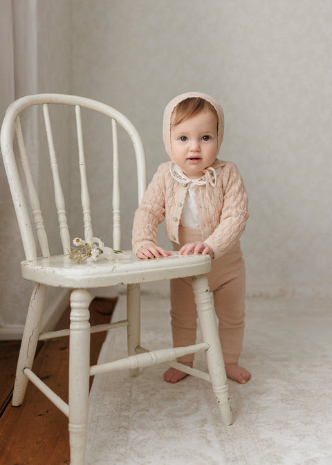 Peluche Knit Pointelle Cropped Cardigan + Bonnet Set - Rose