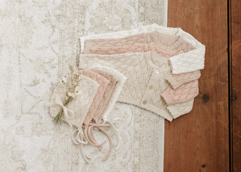 Peluche Knit Pointelle Cropped Cardigan + Bonnet Set - Taupe