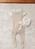Peluche Knit Jumpsuit + Cropped Cardigan + Bonnet Set - Taupe