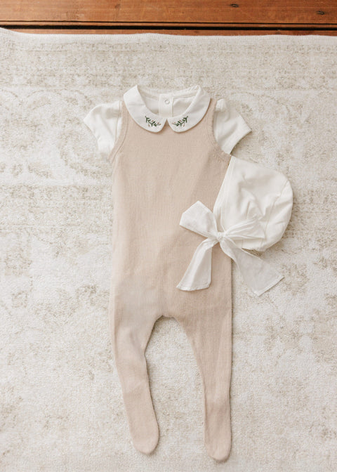 Peluche Knit Jumpsuit + Cropped Cardigan + Bonnet Set - Taupe