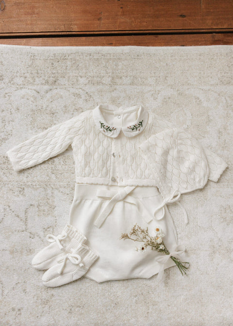 Peluche Knit Pointelle Cropped Cardigan + Bonnet Set - Cream