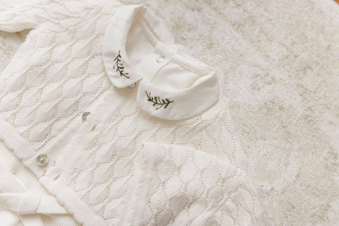 Peluche Knit Pointelle Cropped Cardigan + Bonnet Set - Cream