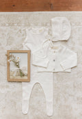 Peluche Knit Jumpsuit + Cropped Cardigan + Bonnet Set - Cream