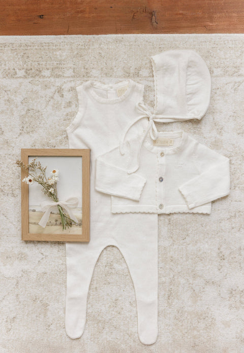 Peluche Knit Jumpsuit + Cropped Cardigan + Bonnet Set - Cream