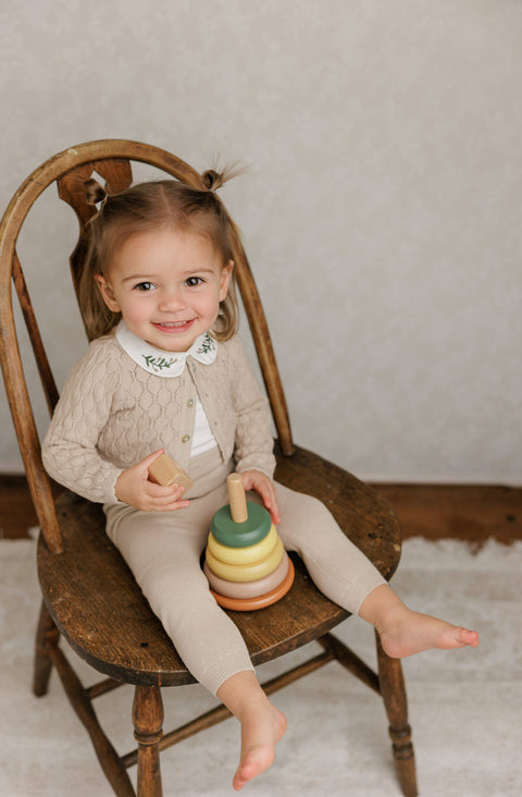 Peluche Knit Pointelle Cropped Cardigan + Bonnet Set - Taupe