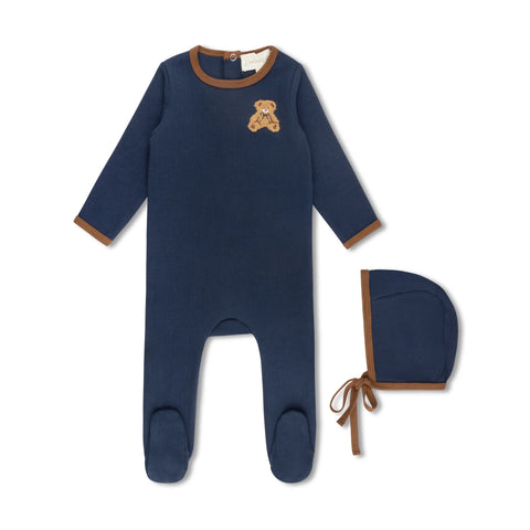 Lamour Lou Pointelle Bear Patch Footie & Bonnet Set - Navy
