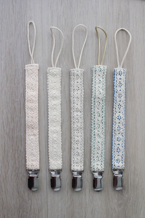 Little Threads Pacifier Clip - Crochet Ribbon Taupe
