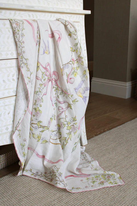 Little Threads Muslin Blanket - Rose Ribbon