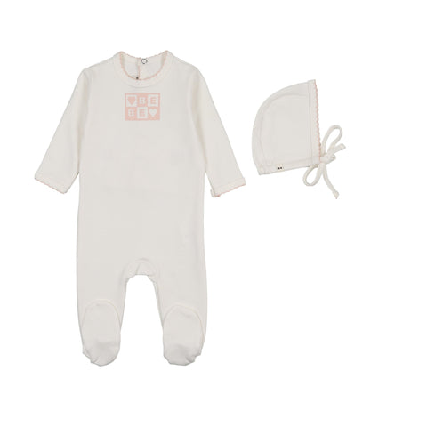 Bonne Bonne Bliss Bebe Footie+Bonnet 26W03 - Ivory/Pink