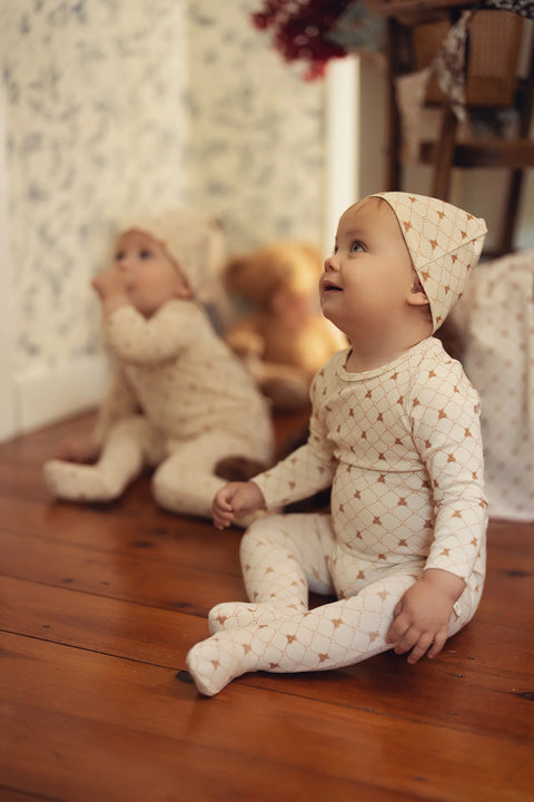 Lamour Lou Bear Grid Print Footie & Beanie Set - Boys