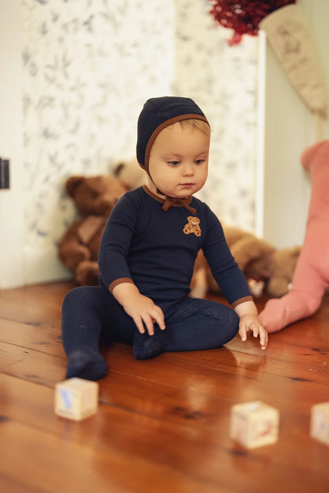 Lamour Lou Pointelle Bear Patch Footie & Bonnet Set - Navy