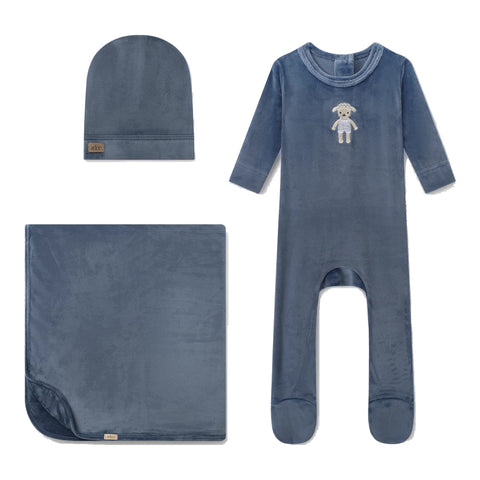 Adee Baby Lamb Velour Footie Hat & Blanket Set - Slate Blue