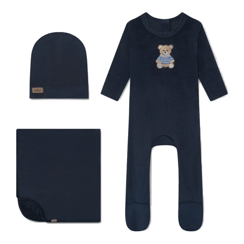 Adee Embroidered Bear Velour Footie Hat & Blanket Set - Navy