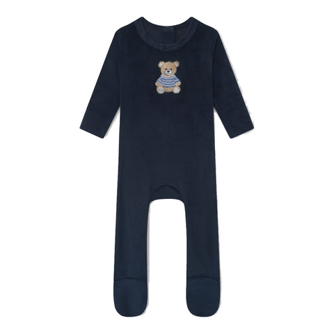 Adee Embroidered Bear Velour Footie - Navy