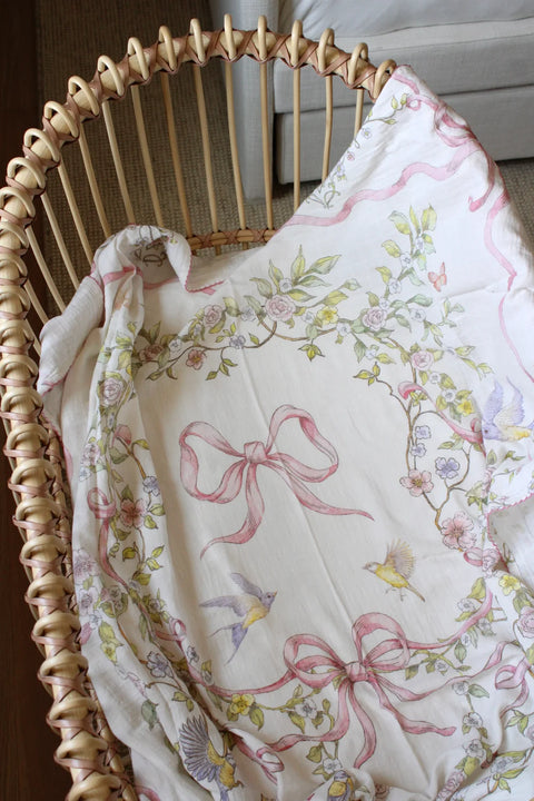 Little Threads Muslin Blanket - Rose Ribbon