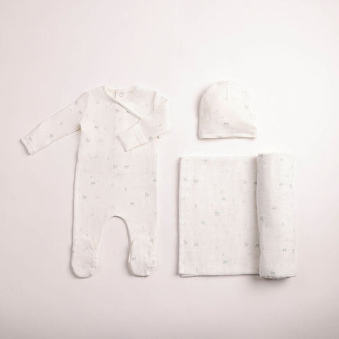 Bee and Dee All Things Baby Printed Footie + Bonnet & Blanket Set - Chalk White Boys
