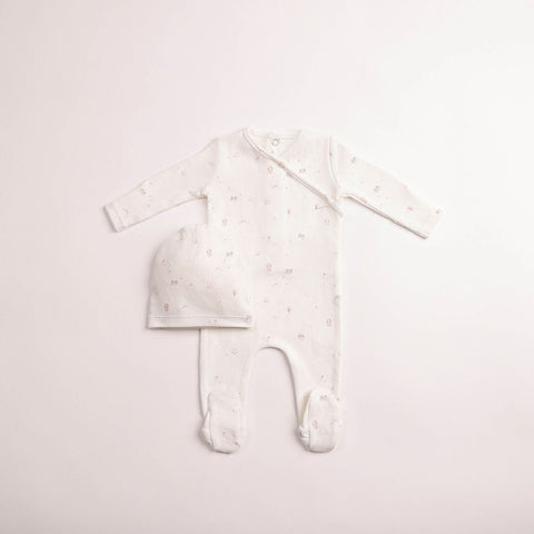 Bee and Dee All Things Baby Printed Footie + Bonnet - Chalk White Girls