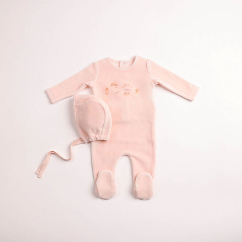 Bee and Dee All Things Baby Velour Footie + Bonnet - Sand Pink