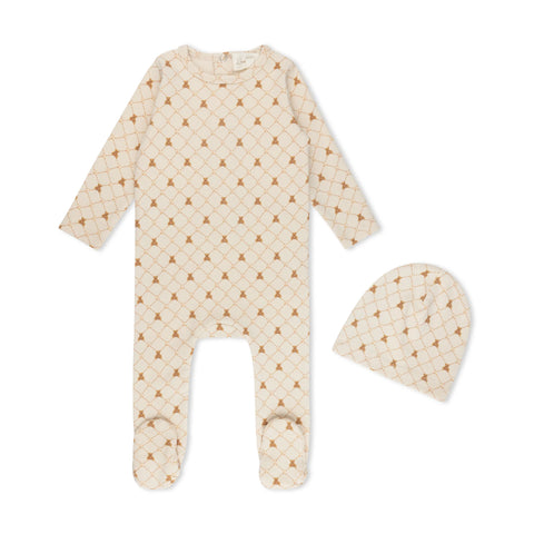 Lamour Lou Bear Grid Print Footie & Beanie Set - Boys