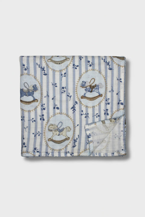 Little Threads Muslin Blanket - Blue Rocking Horse