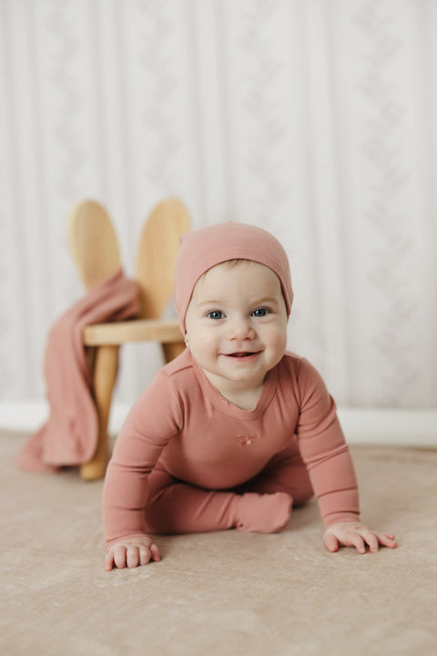 Mi Amour Berry Sweet Embroidered Footie + Hat - Pink, worn