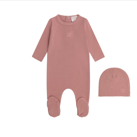 Mi Amour Berry Sweet Embroidered Footie + Hat - Pink
