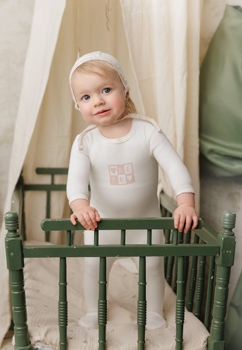 Bonne Bonne Bliss Bebe Footie+Bonnet 26W03 - Ivory/Pink