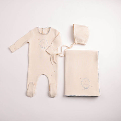 Bee and Dee Botanical Crest Footie + Bonnet & Blanket Set - Cream Boys