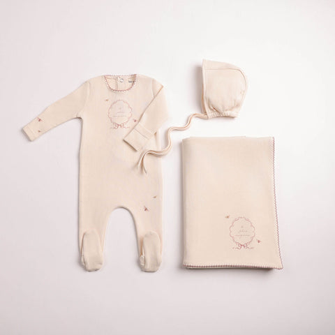 Bee and Dee Botanical Crest Footie + Bonnet & Blanket Set - Cream Girls