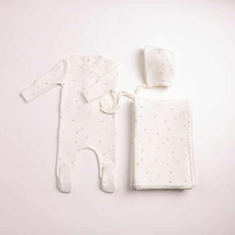 Bee and Dee Delicata Floral Footie + Bonnet & Blanket Set - Chalk Boys