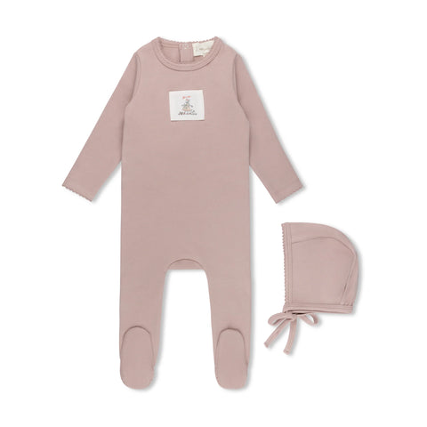 Lamour Lou Sweet Patch Footie & Bonnet Set - Rose