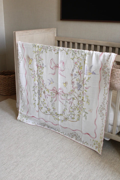 Little Threads Muslin Blanket - Rose Ribbon