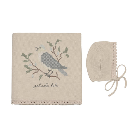 Peluche Knit Cross Stitch Blanket+Bonnet - Stone,Blue