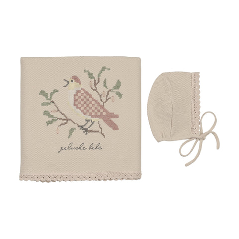 Peluche Knit Cross Stitch Blanket+Bonnet - Stone,Rose